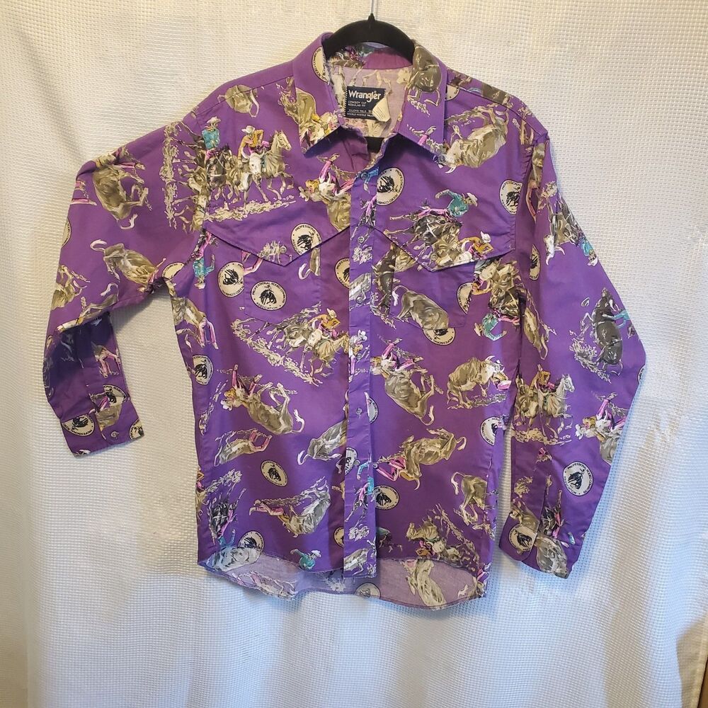 Vtg Wrangler Mens Sz L Cowboy Cut Pro Rodeo Print Button Up Western Shirt Purple